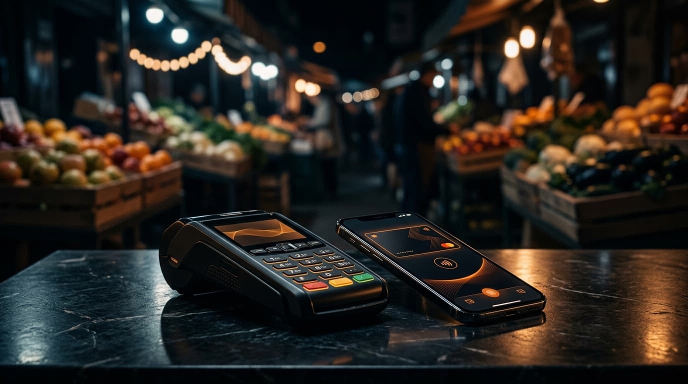 POS terminal and smartphone wallet with orange accents in a night market