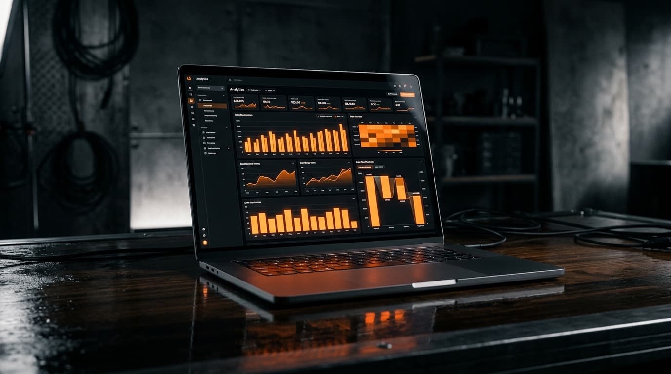 Dark analytics dashboard with orange charts on a laptop