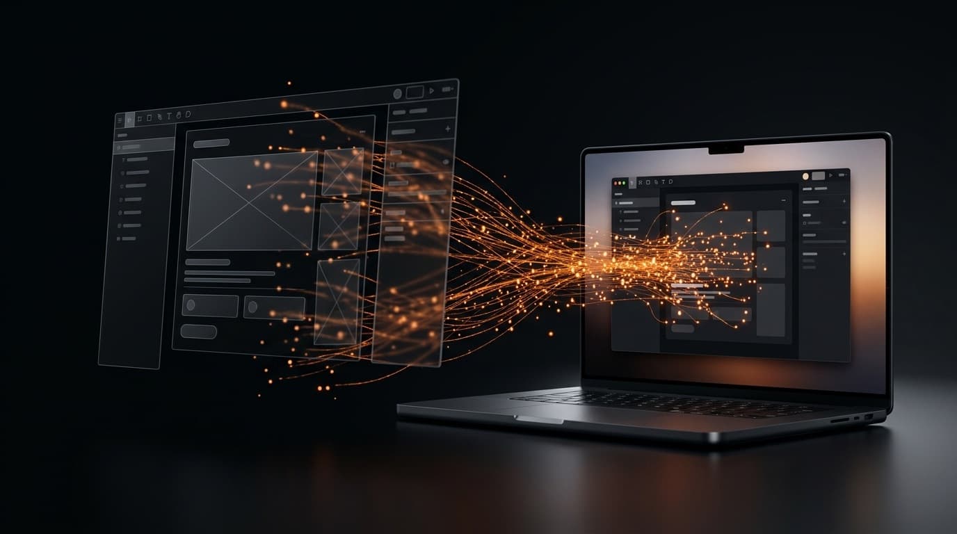 Wireframe design panels morphing into a live glowing application interface